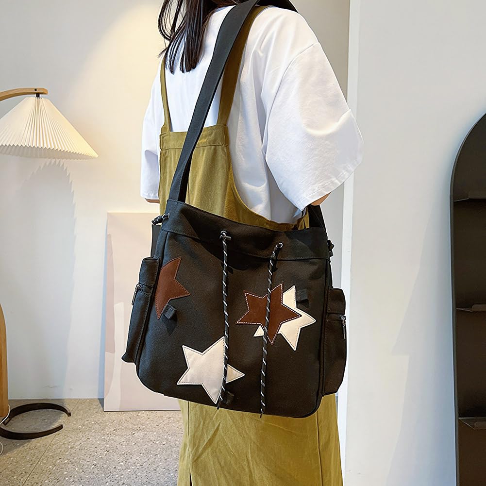 Cute Kawaii Messenger Bag Canvas Crossbody Bag Aesthetic Shoulder Bag for Women Men Flap Messenger Bag with Pockets