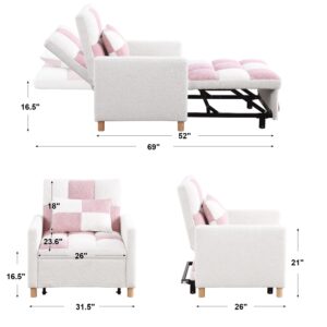 Lakifun 3-in-1 Single Convertible Chair Bed,Single Sleeper Sofa Chair Bed with Pillowand Pocket, Multi-Functional Sleeper Chair Livingroom Chair with Teddy Fabric (White&Pink)