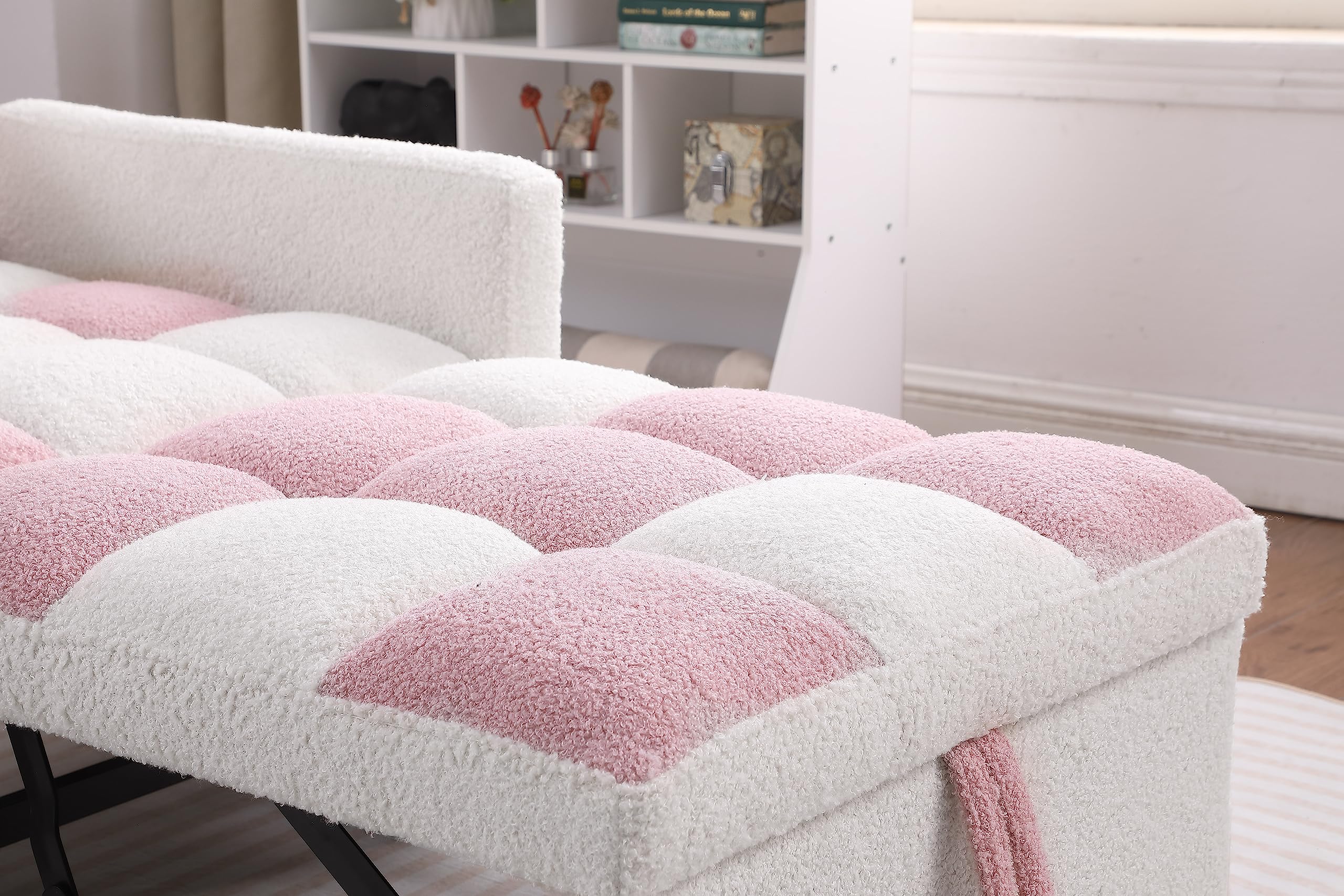 Lakifun 3-in-1 Single Convertible Chair Bed,Single Sleeper Sofa Chair Bed with Pillowand Pocket, Multi-Functional Sleeper Chair Livingroom Chair with Teddy Fabric (White&Pink)