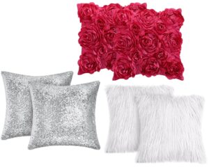 oudain 6 pcs decorative 3d rose flower pillow cover, faux fur throw pillow covers, 16 x 16 inch throw pillows for bed soft square sofa pillow covers for sofa bedroom car (hot pink)