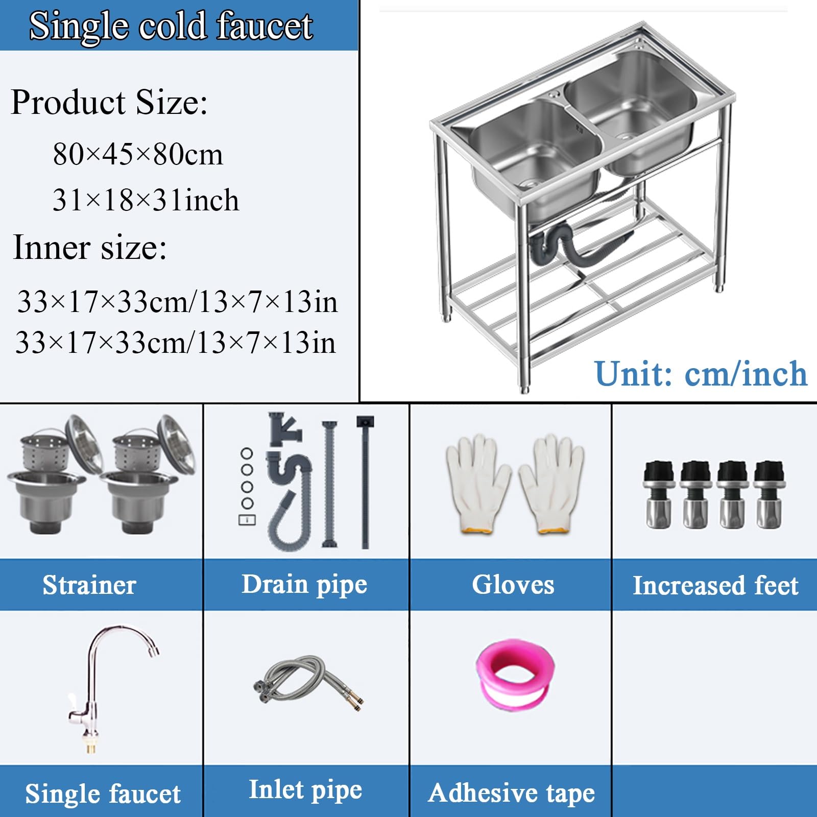 SEYFI Kitchen Sinks U-Tility Sink,Free Standing, Stainless Steel Sink Free Standing Kitchen Sink,Commercial Sink, Freestanding Countertop for Laundry/Single Cold/Single Cold