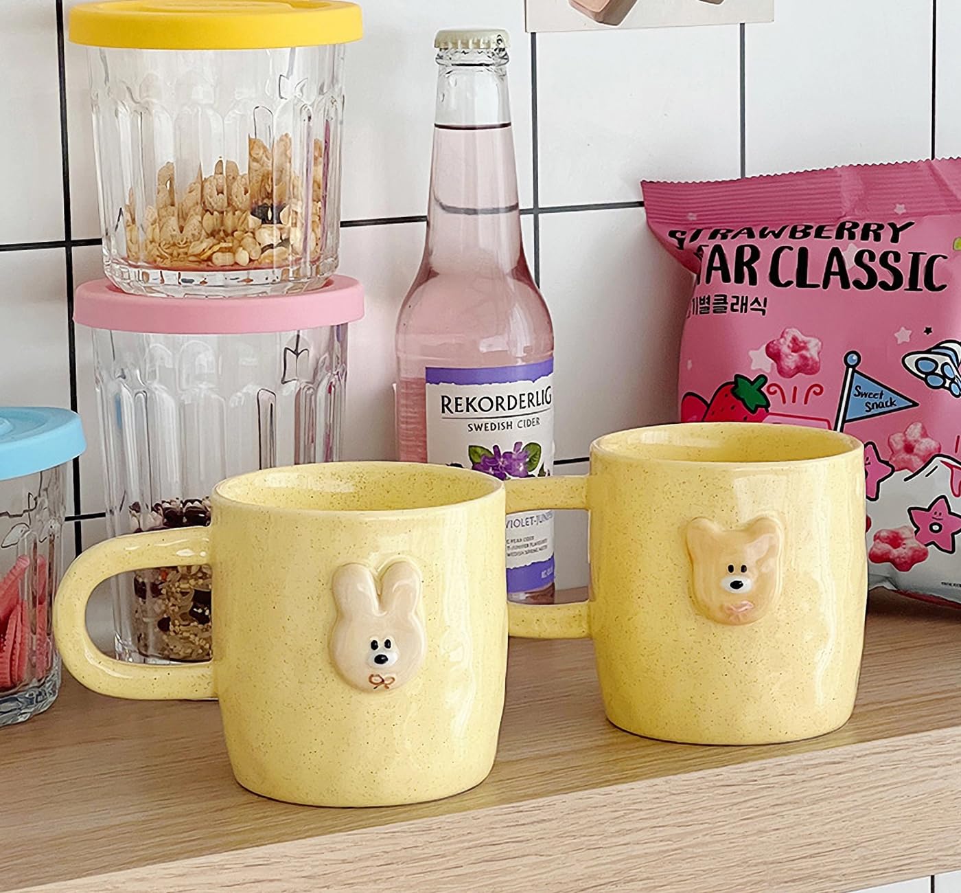 LARYVIN Cute Rabbit Coffee Mug, Yellow Bunny Cookie Style. Safety Ceramic 14oz Cartoon Cappuccino Cup for Office and Home. Best Gifts for Women & Girls.