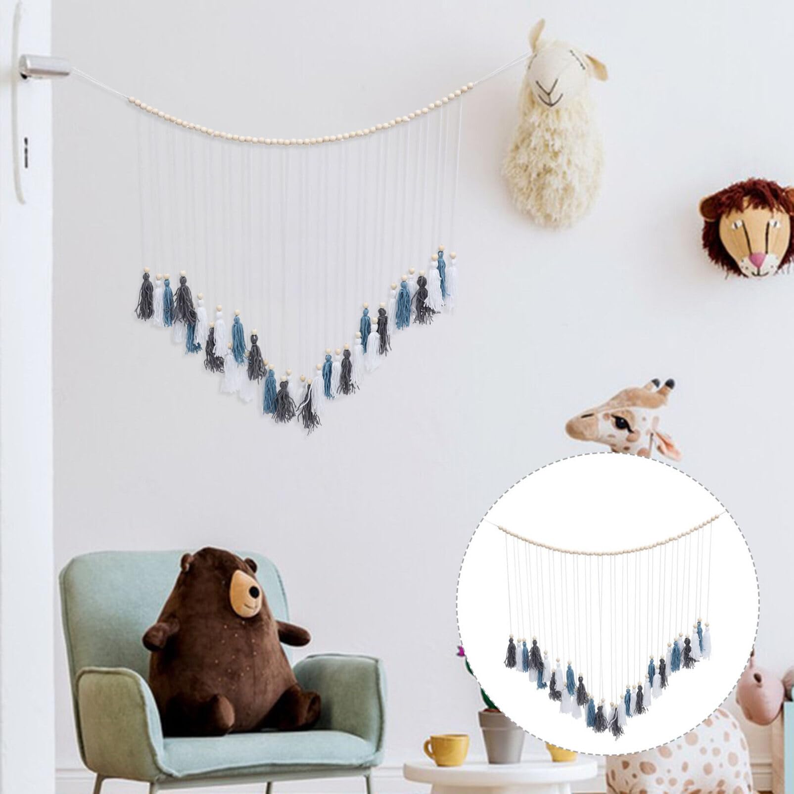 Garneck Fringe Beaded Garland Hanging Tassel Bead Small Wood Bead Garland Wood Beaded Pendant Tassel Garland Beads Yarn Wall Hanging Bead Garland Decor Decorative Beads Wooden Beads lace