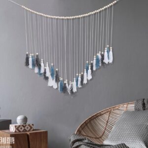 Garneck Fringe Beaded Garland Hanging Tassel Bead Small Wood Bead Garland Wood Beaded Pendant Tassel Garland Beads Yarn Wall Hanging Bead Garland Decor Decorative Beads Wooden Beads lace