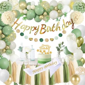 upgraded sage green birthday party decorations for girls women with happy birthday sash,banner,tissue pompoms,circle dots garland,paper tassels garland, cake topper for her birthday decor (sage green)