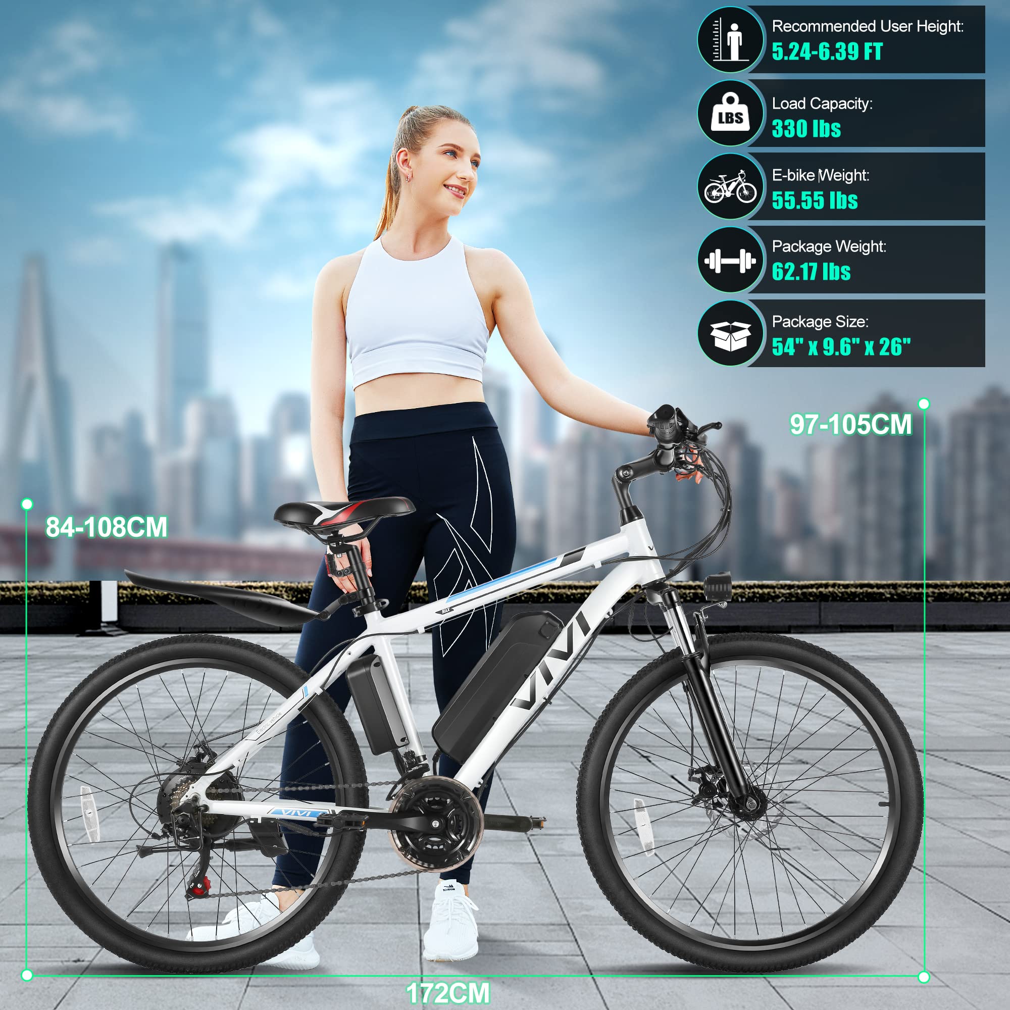 Vivi Electric Bike for Adults 26 Inch 500W Ebike for Adults Removable 48V Battery, Electric Mountain Bike 21 Speed Gears, Electric Bicycle 50 Miles/Pedal Assist, UL 2849 Certified