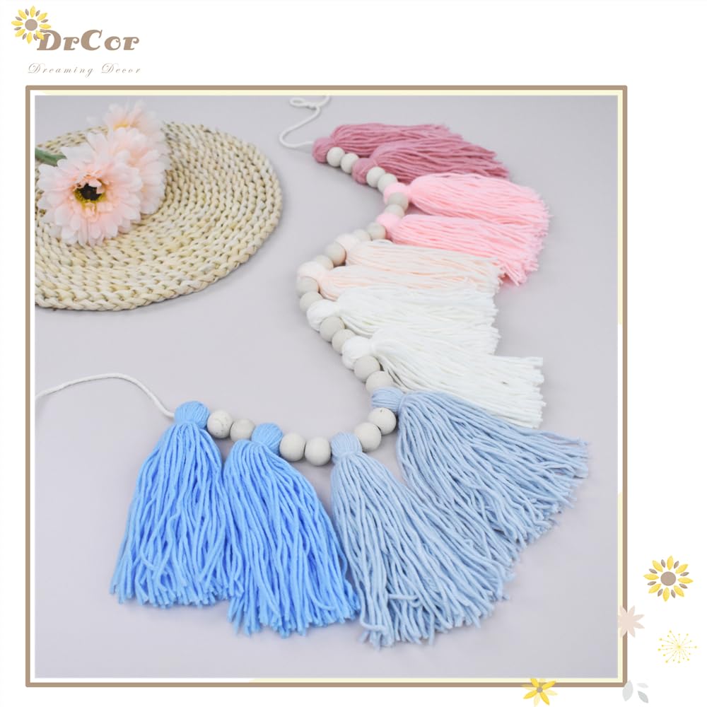 DrCor Pink and Blue Yarn Tassel Garland Preppy Boho Bunting Banner Wall Hanging Decor for Classroom Back to School Nursery Party Kids Bedroom Baby Shower Decoration