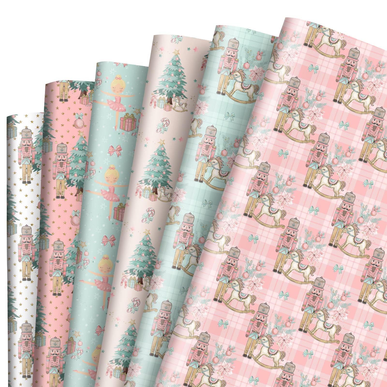 AnyDesign 12 Sheet Christmas Wrapping Paper Pink Nutcracker Gift Wrap Paper Folded Flat DIY Art Craft Paper for Birthday Party Baby Shower Packaging, 19.7 x 27.6 Inch