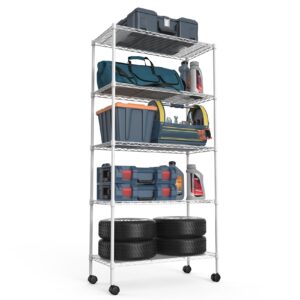 5 Tier NSF Wire Shelf Shelving Unit, 14 x 30 x 60 Inch 750lbs Capacity Adjustable Storage Metal Rack with Wheels/Leveling Feet & Shelf Liners, Ideal for Garage, Kitchen, Office Home and More - White