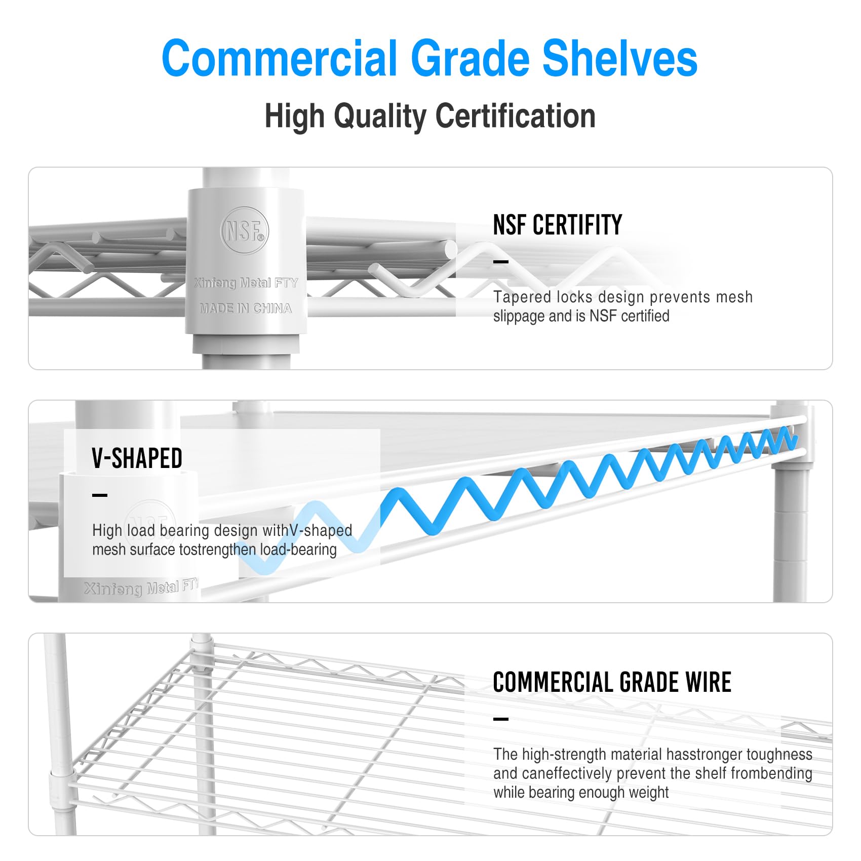 5 Tier NSF Wire Shelf Shelving Unit, 14 x 30 x 60 Inch 750lbs Capacity Adjustable Storage Metal Rack with Wheels/Leveling Feet & Shelf Liners, Ideal for Garage, Kitchen, Office Home and More - White