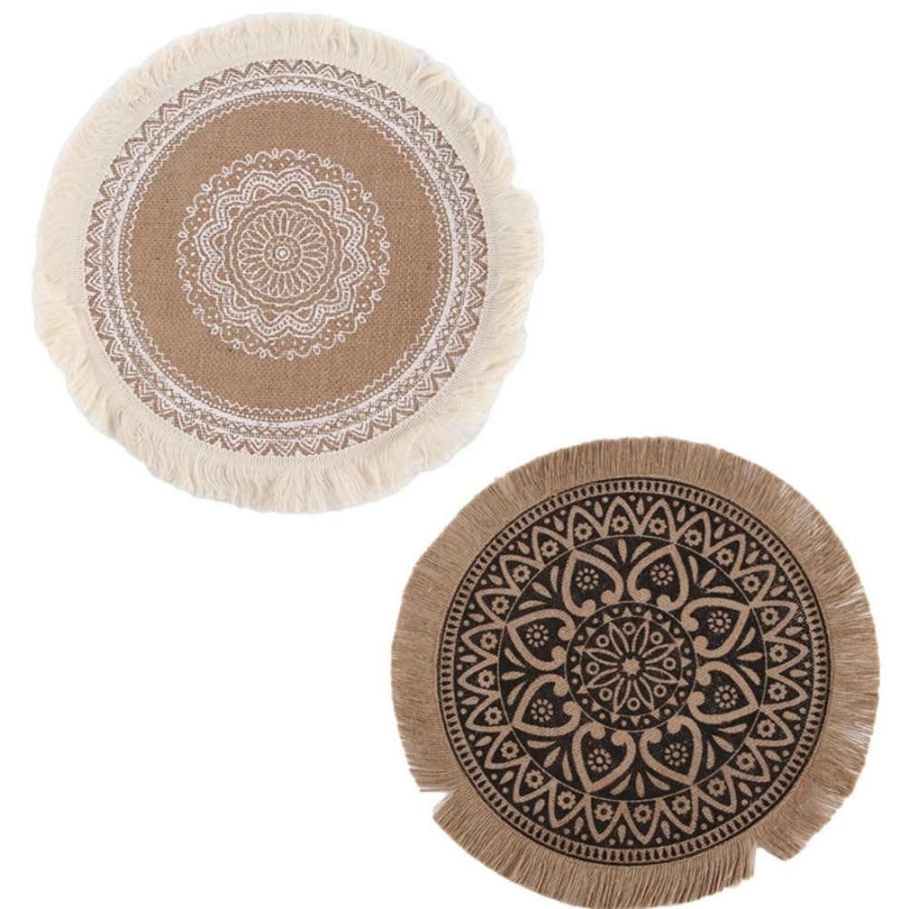 2 Pcs Round Jute Woven Placemat, Farmhouse Non-Slip Table Mats with Tassel for Kitchen Dining Table Decor Photo Props, 14.5 Inch