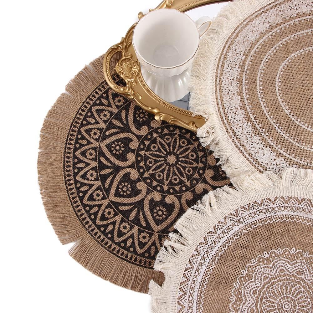 2 Pcs Round Jute Woven Placemat, Farmhouse Non-Slip Table Mats with Tassel for Kitchen Dining Table Decor Photo Props, 14.5 Inch