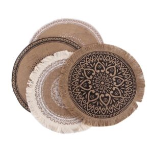 2 Pcs Round Jute Woven Placemat, Farmhouse Non-Slip Table Mats with Tassel for Kitchen Dining Table Decor Photo Props, 14.5 Inch