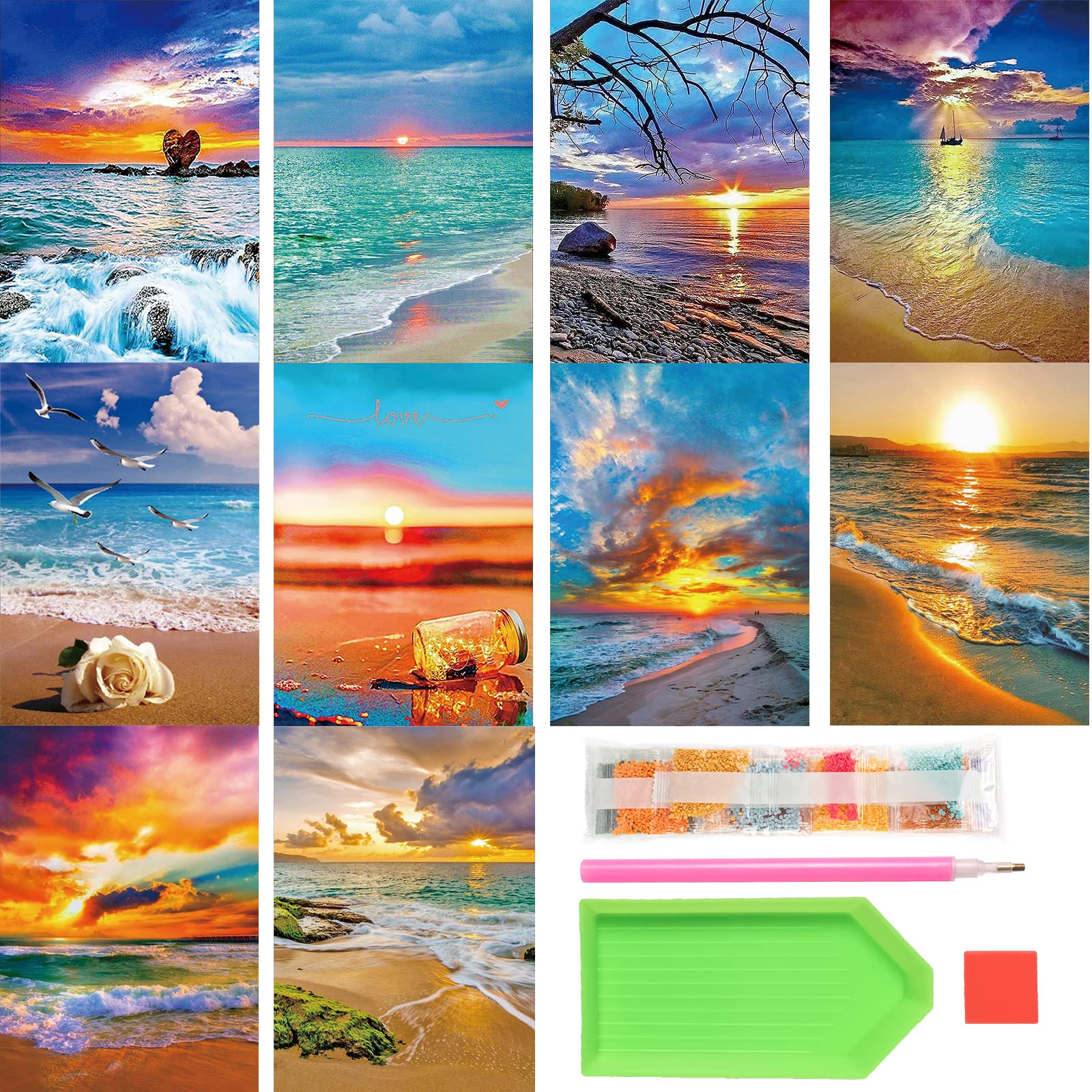 Tontut 10 Pack Diamond Painting Kits, Full Round Diamond Painting Crafts for Adults, DIY Diamond Art Landscape Beach Sunset Diamond Painting Home Wall Decoration 12x16inch