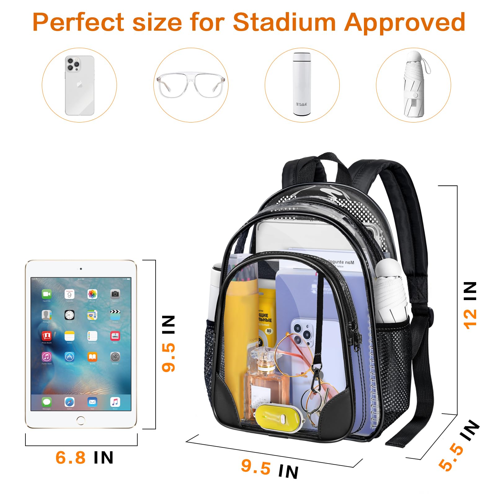 GEAMSAM Clear Mini Backpack Stadium Approved 12x12x6 Small Heavy Duty Transparent Backpacks See Through Bag for Sports Event Concert Festival Work Security - Black