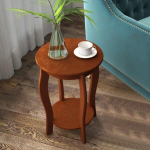 GOFLAME 2-Tier Round End Table Set of 2, Modern Sofa Side Table with Storage Shelf, Solid Wood Legs, Compact Accent Table, Nightstand for Living Room, Bedroom, Small Space, Walnut