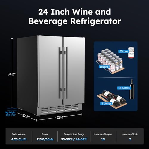 Mojgar 24 Inch Outdoor Wine and Beverage Refrigerator, Weather Proof Dual Zone Wine Fridge, Under Counter Wine Cooler Fridge Built-In or Freestanding, Holds 20 Bottles and 57 Cans (Double Foam Door)