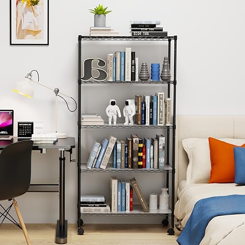 5 Tier NSF Wire Shelf Shelving Unit, 14 x 30 x 60 Inch 750lbs Capacity Adjustable Storage Metal Rack with Wheels/Leveling Feet & Shelf Liners, Ideal for Garage, Kitchen, Office Home and More - Black