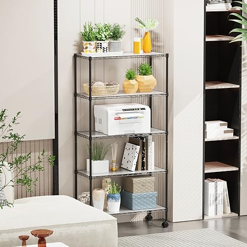 5 Tier NSF Wire Shelf Shelving Unit, 14 x 30 x 60 Inch 750lbs Capacity Adjustable Storage Metal Rack with Wheels/Leveling Feet & Shelf Liners, Ideal for Garage, Kitchen, Office Home and More - Black