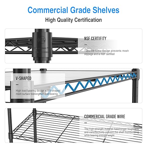 5 Tier NSF Wire Shelf Shelving Unit, 14 x 30 x 60 Inch 750lbs Capacity Adjustable Storage Metal Rack with Wheels/Leveling Feet & Shelf Liners, Ideal for Garage, Kitchen, Office Home and More - Black