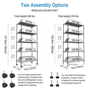 5 Tier NSF Wire Shelf Shelving Unit, 14 x 30 x 60 Inch 750lbs Capacity Adjustable Storage Metal Rack with Wheels/Leveling Feet & Shelf Liners, Ideal for Garage, Kitchen, Office Home and More - Black