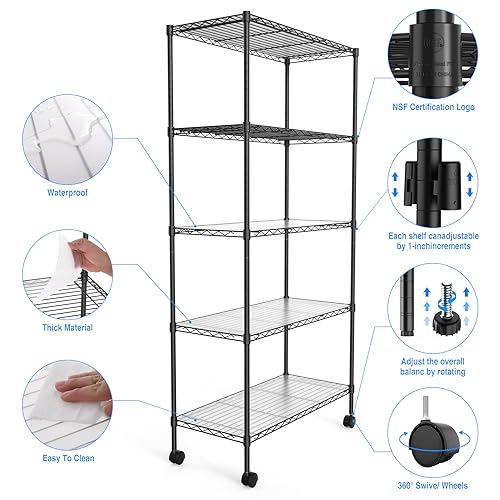 5 Tier NSF Wire Shelf Shelving Unit, 14 x 30 x 60 Inch 750lbs Capacity Adjustable Storage Metal Rack with Wheels/Leveling Feet & Shelf Liners, Ideal for Garage, Kitchen, Office Home and More - Black