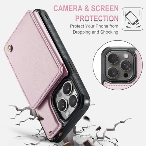 Vinich for iPhone 15 Pro Wallet Case with Card Holder, RFID Blocking for iPhone 15 Pro Case for Women Men, Durable Kickstand Shockproof Phone Case for iPhone 15 Pro, Rose Gold