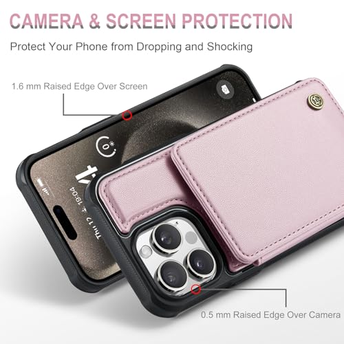 Vinich for iPhone 15 Pro Wallet Case with Card Holder, RFID Blocking for iPhone 15 Pro Case for Women Men, Durable Kickstand Shockproof Phone Case for iPhone 15 Pro, Rose Gold