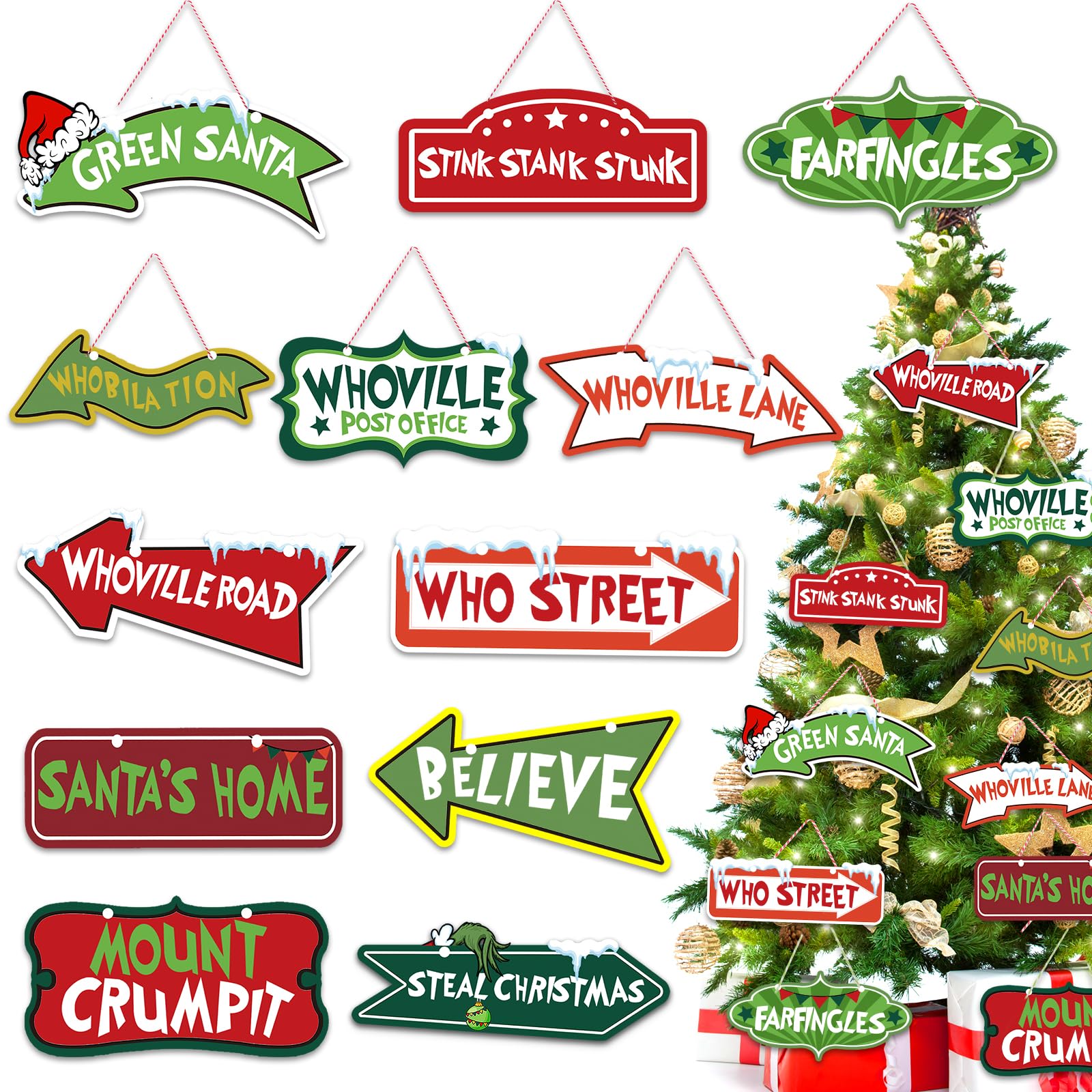 YUJUN 24PCS Christmas Whoville Tree Ornaments Decorations Xmas Large Paper Crafts Tree Hanging Ornaments Signs for Christmas Welcome to Home Indoor Porch Party Decorative Supplies