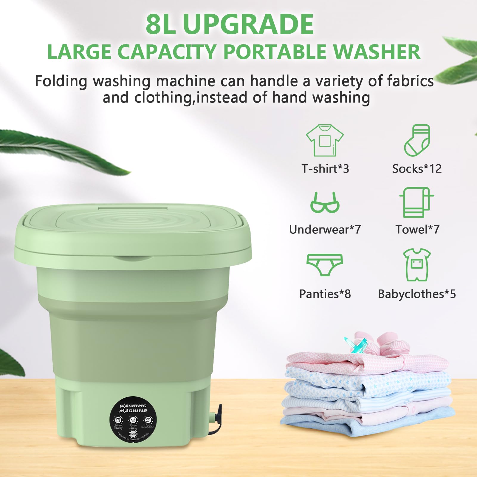 Portable Washing Machine for Apartments, Upgraded 8L Mini Folding Washing Machine Portable with Disinfection Function, Small Portable Washer Machine for Apartments, Dorm, Camping, RV, Travel Laundry