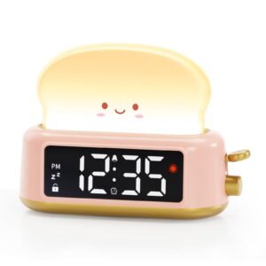 Alarm Clock for Kids, Digital Alarm Clock for Bedrooms, Cute Toast Alarm Clock with Night Light, Timer, Snooze, Adjustable Brightness, Toddler Clock Bedside, Ideal Gifts for Kids Teens Girls