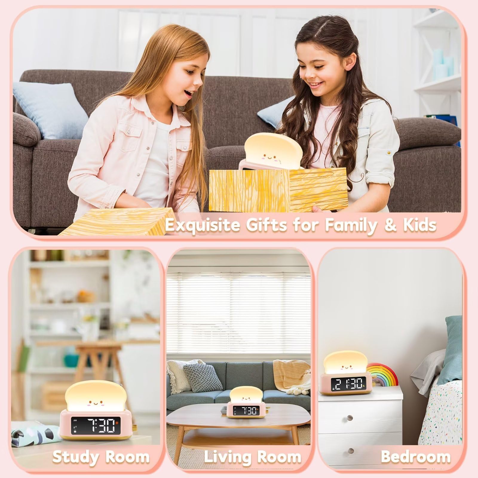 Alarm Clock for Kids, Digital Alarm Clock for Bedrooms, Cute Toast Alarm Clock with Night Light, Timer, Snooze, Adjustable Brightness, Toddler Clock Bedside, Ideal Gifts for Kids Teens Girls