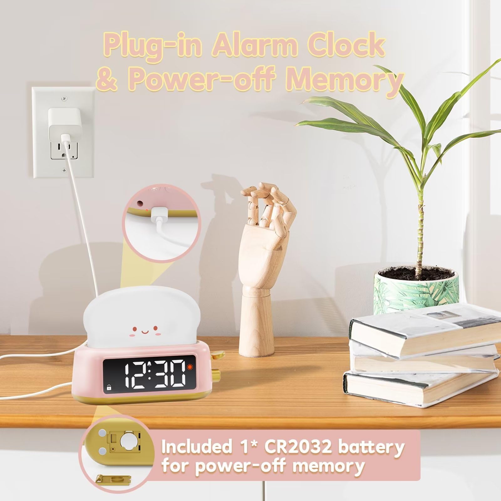 Alarm Clock for Kids, Digital Alarm Clock for Bedrooms, Cute Toast Alarm Clock with Night Light, Timer, Snooze, Adjustable Brightness, Toddler Clock Bedside, Ideal Gifts for Kids Teens Girls