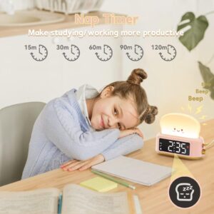 Alarm Clock for Kids, Digital Alarm Clock for Bedrooms, Cute Toast Alarm Clock with Night Light, Timer, Snooze, Adjustable Brightness, Toddler Clock Bedside, Ideal Gifts for Kids Teens Girls