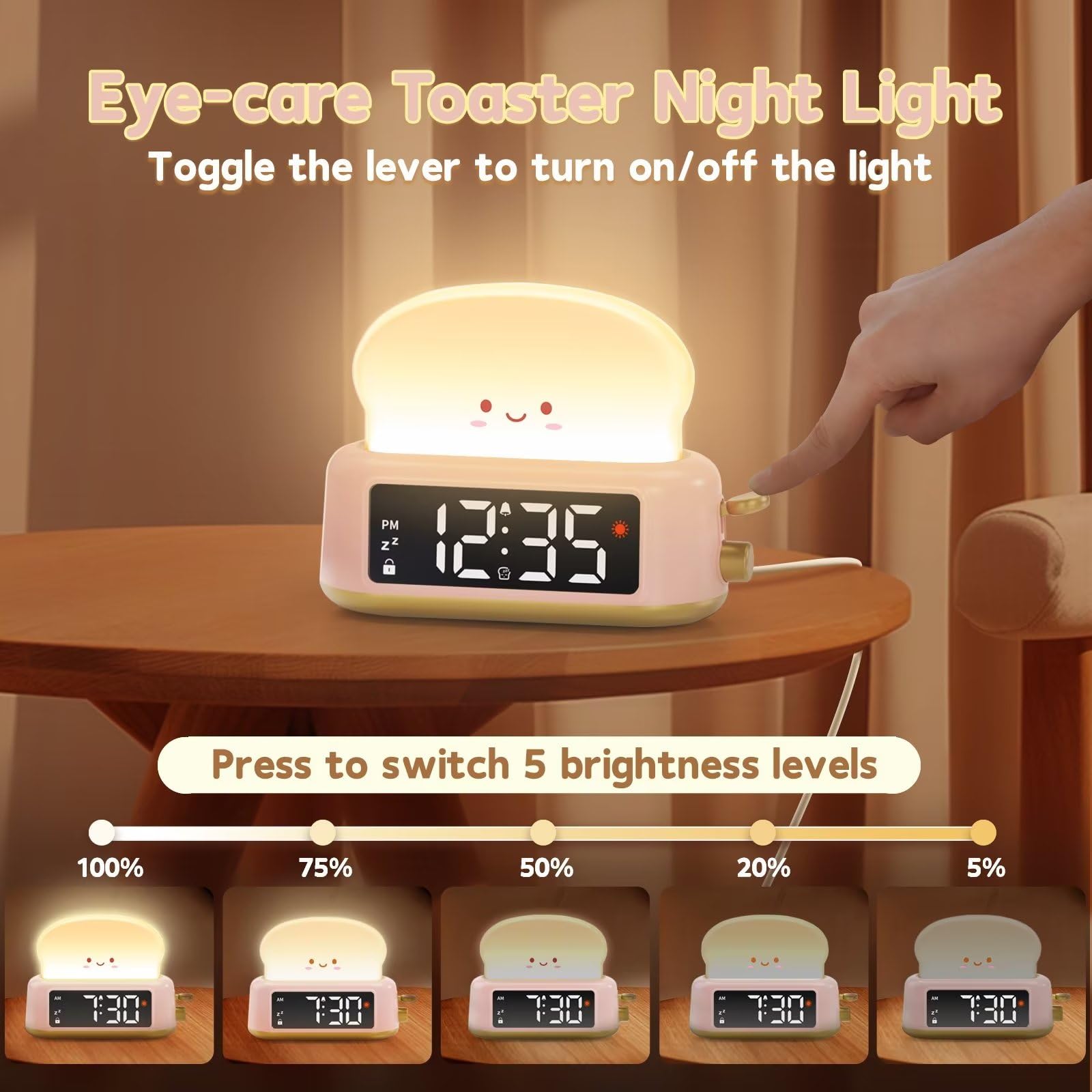 Alarm Clock for Kids, Digital Alarm Clock for Bedrooms, Cute Toast Alarm Clock with Night Light, Timer, Snooze, Adjustable Brightness, Toddler Clock Bedside, Ideal Gifts for Kids Teens Girls