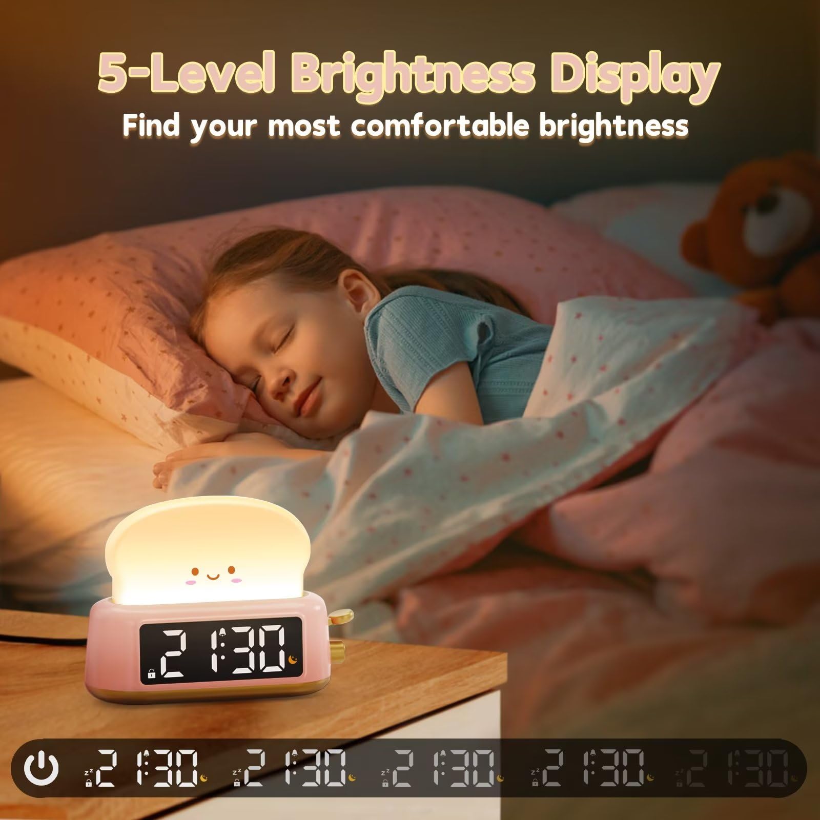 Alarm Clock for Kids, Digital Alarm Clock for Bedrooms, Cute Toast Alarm Clock with Night Light, Timer, Snooze, Adjustable Brightness, Toddler Clock Bedside, Ideal Gifts for Kids Teens Girls