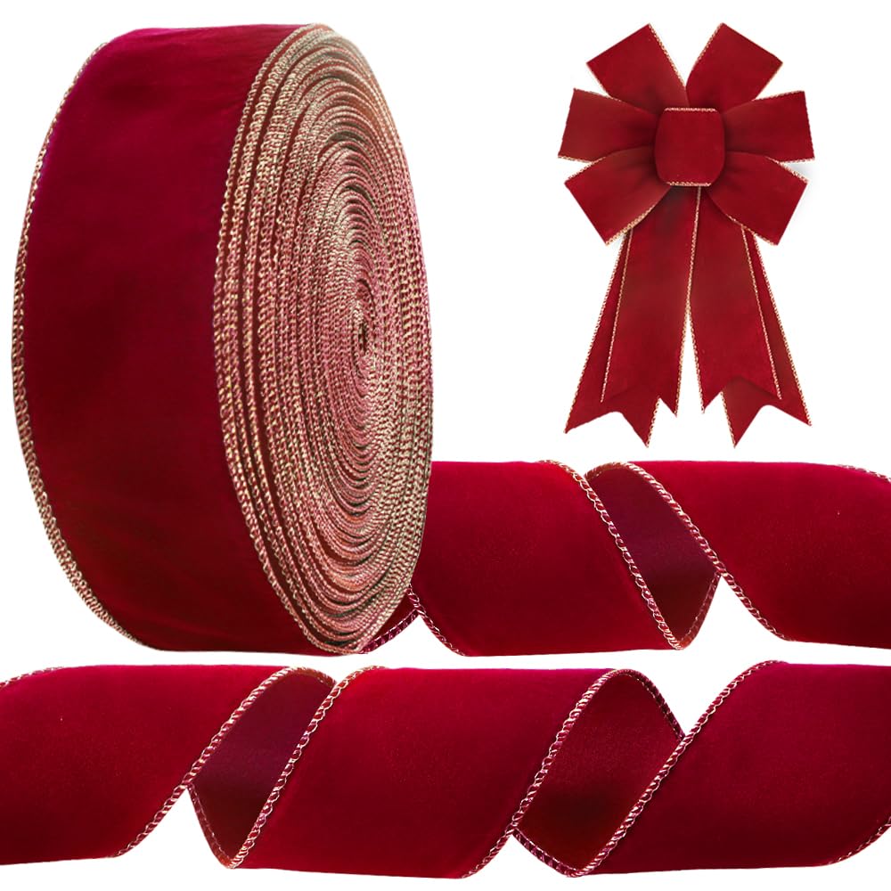 Threetols 100 Yards Red Velvet Wired Edge Ribbons, 2.5inch Red Velvet Solid Ribbon Gilt Edged Burlap Ribbon for New Year Birthday Party Wrapping DIY Craft Decoration Wreaths Bow