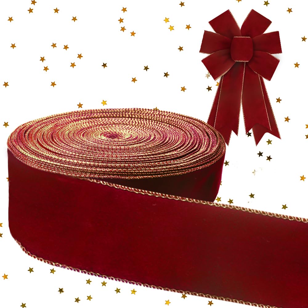 Threetols 100 Yards Red Velvet Wired Edge Ribbons, 2.5inch Red Velvet Solid Ribbon Gilt Edged Burlap Ribbon for New Year Birthday Party Wrapping DIY Craft Decoration Wreaths Bow