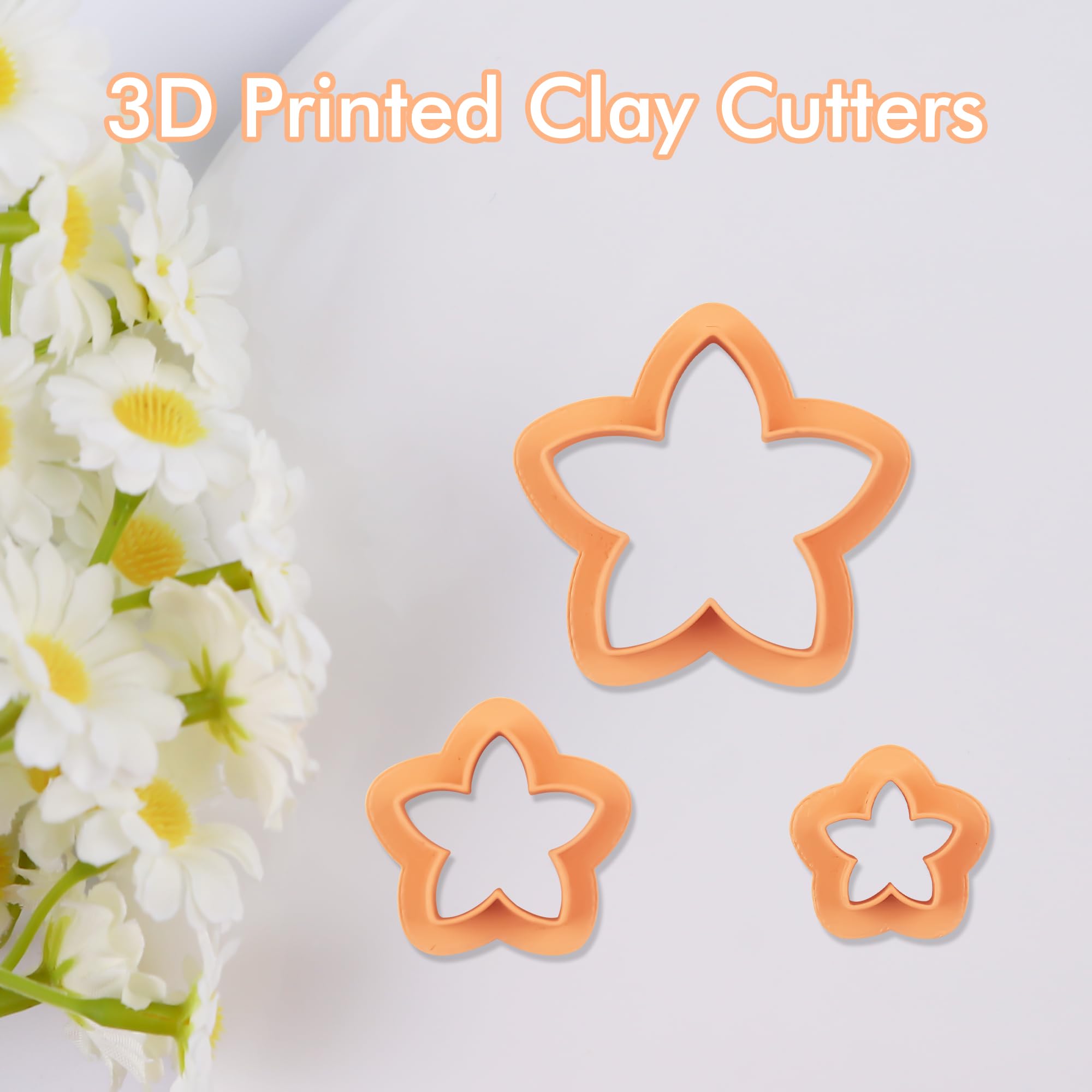 Puocaon Flower Polymer Clay Cutters - 3 Pcs Flower Clay Cutters for Polymer Clay Jewelry, 2 Pcs Plumeria Flower Texture Molds, 20 Flower Pistil Brass Charms, Clay Earring Cutters for Jewelry Making