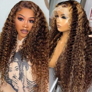 highlight ombre 13x4 lace front wig human hair pre plucked hd transparent 4/27 honey blonde lace frontal wigs with baby hair 180% density colored water wave lace front wig human hair for women 26 inch