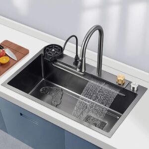 kitchen sink black stainless steel sink washing, draining and cutting 3-in-1 utility sink multi-functional farmhouse sink with kitchen sink accessories （31.5 * 17.7in）