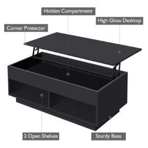 HOMMPA Lift Top Coffee Table with Hidden Storage LED Coffee Table Morden High Gloss Black Living Room 3 Tiers Modern Tea Table with Storage Center Tables Hidden Compartment & 2 Open Shelves