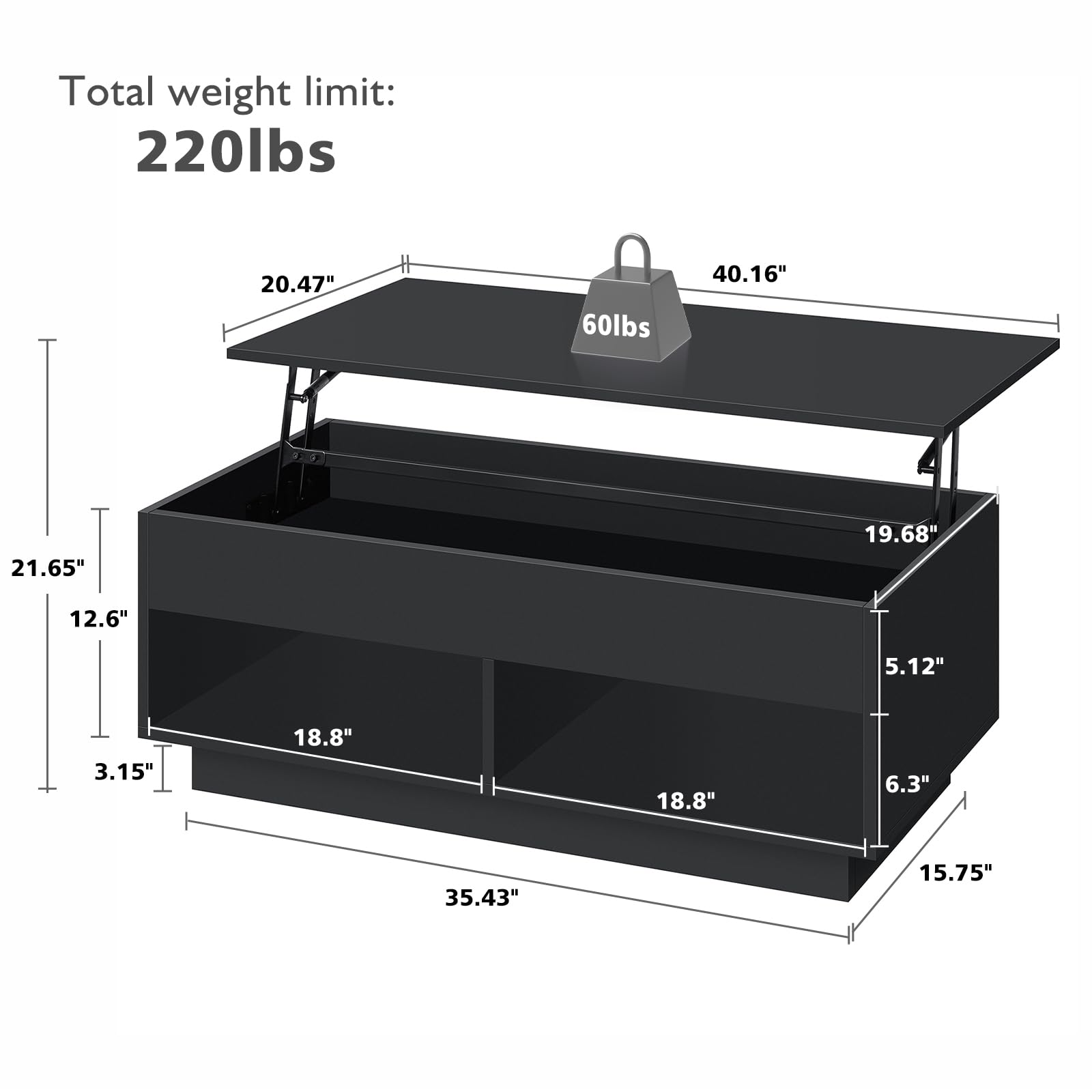 HOMMPA Lift Top Coffee Table with Hidden Storage LED Coffee Table Morden High Gloss Black Living Room 3 Tiers Modern Tea Table with Storage Center Tables Hidden Compartment & 2 Open Shelves