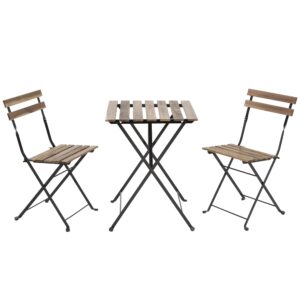 3 pieces bistro set outdoor furniture sets 2 folding chairs and table steel frames and weather-resistant wood portable design for bistro & balcony (chestnut brown)