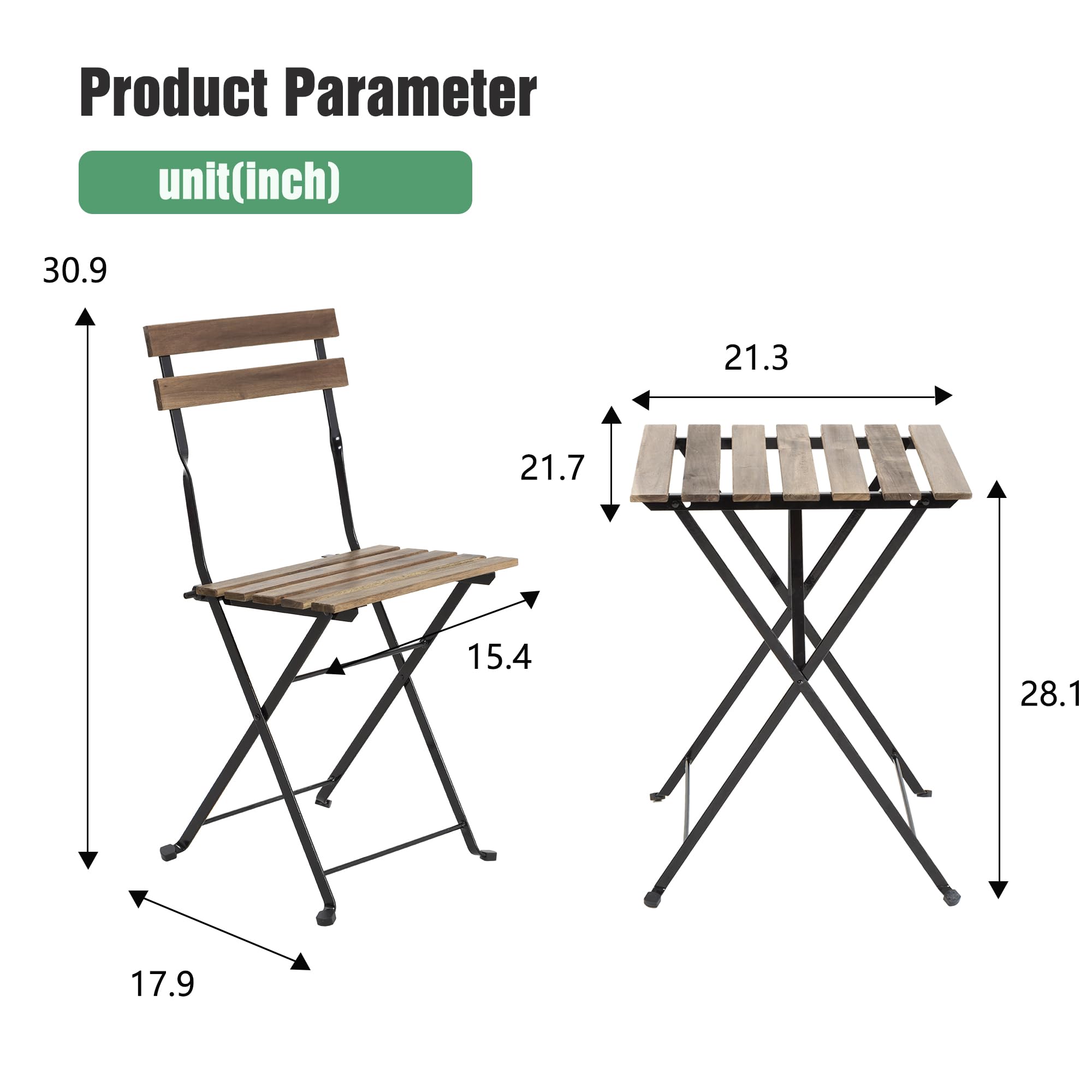 3 Pieces Bistro Set Outdoor Furniture Sets 2 Folding Chairs and Table Steel Frames and Weather-Resistant Wood Portable Design for Bistro & Balcony (Chestnut Brown)