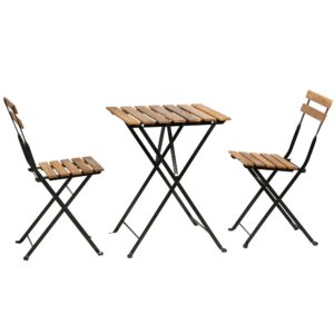 3 pieces bistro set outdoor furniture sets 2 folding chairs and table steel frames and weather-resistant wood portable design for bistro & balcony (natural)