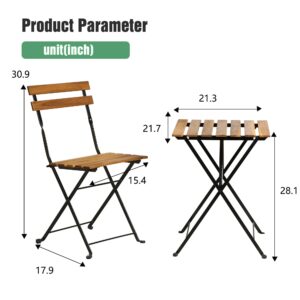 3 Pieces Bistro Set Outdoor Furniture Sets 2 Folding Chairs and Table Steel Frames and Weather-Resistant Wood Portable Design for Bistro & Balcony (Natural)