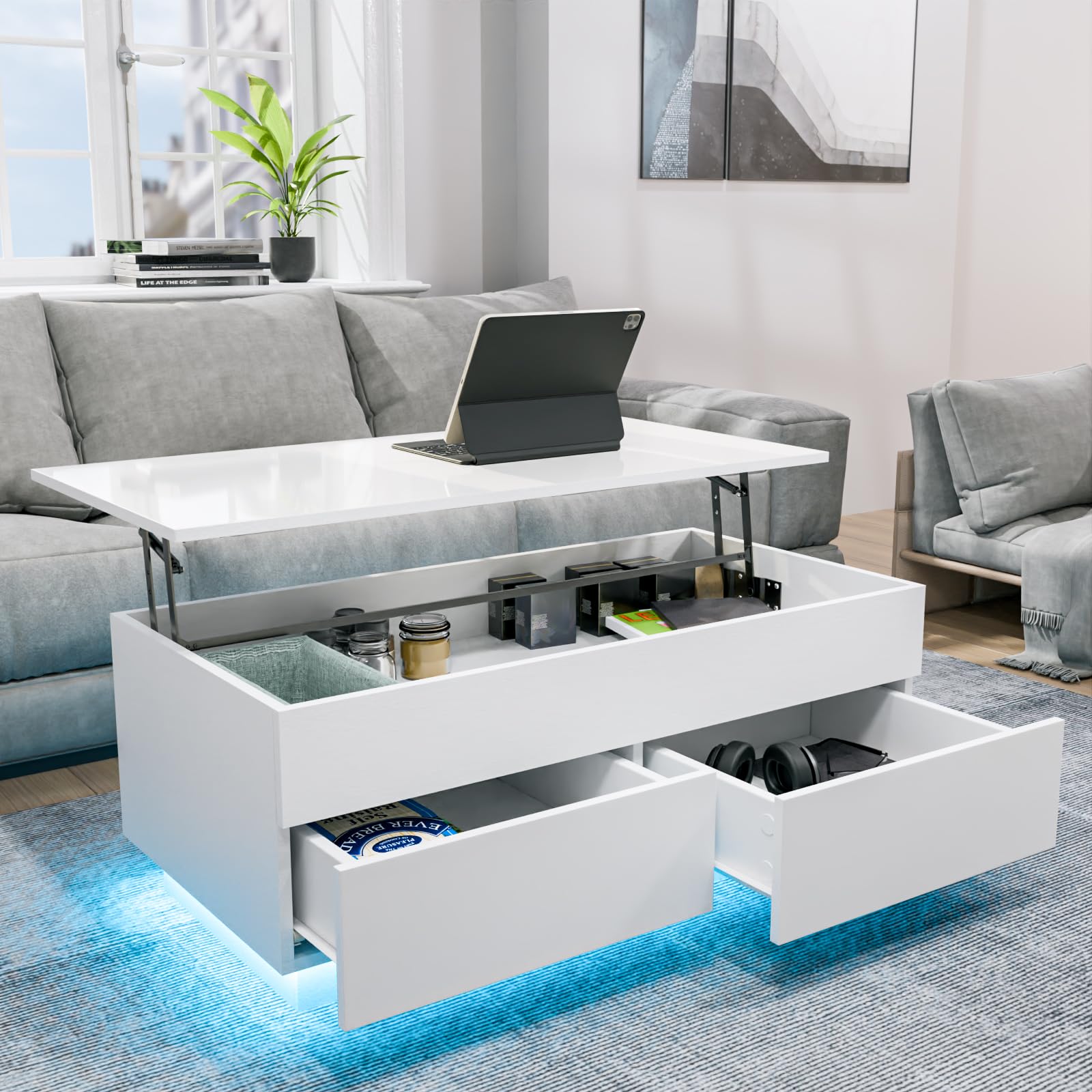 HOMMPA Lift Top Coffee Table with Hidden Storage LED Coffee table Morden High Gloss White Living Room 3 Tiers Tea Table with Storage Center Tables Hidden Compartment & 2 Drawers