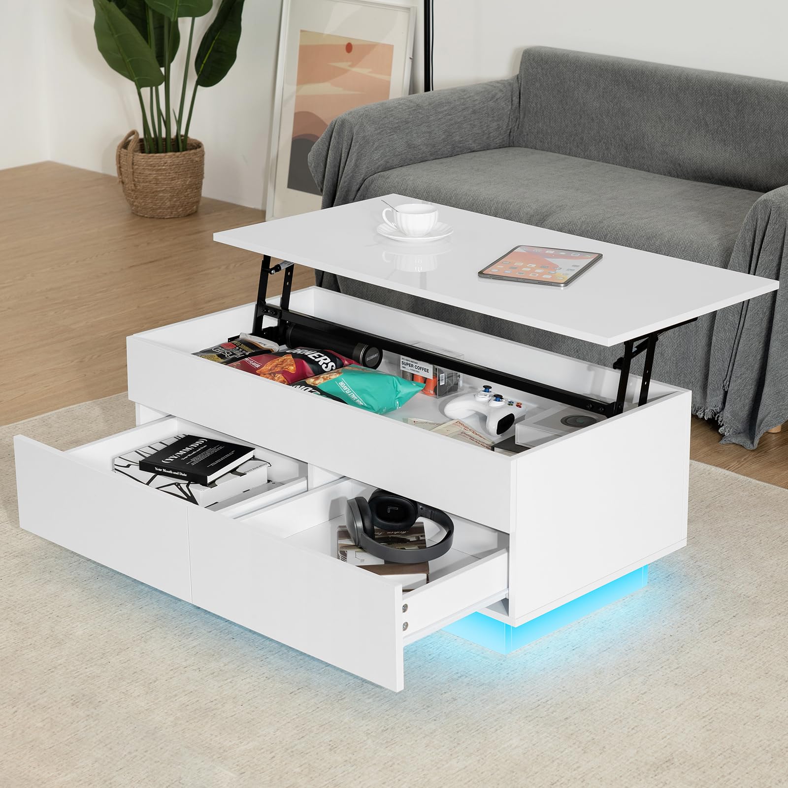 HOMMPA Lift Top Coffee Table with Hidden Storage LED Coffee table Morden High Gloss White Living Room 3 Tiers Tea Table with Storage Center Tables Hidden Compartment & 2 Drawers