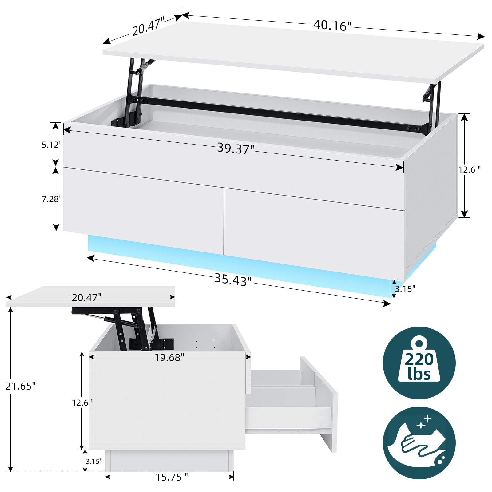 HOMMPA Lift Top Coffee Table with Hidden Storage LED Coffee table Morden High Gloss White Living Room 3 Tiers Tea Table with Storage Center Tables Hidden Compartment & 2 Drawers